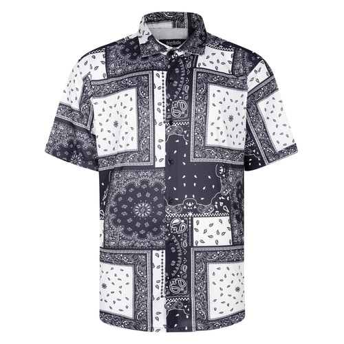 Front view of black and white short sleeve printed shirt.