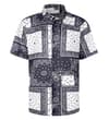 Thumbnail Front view of black and white short sleeve printed shirt.