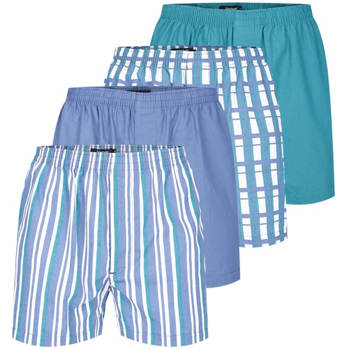Four pack of woven boxer shorts in mixed blue designs.
