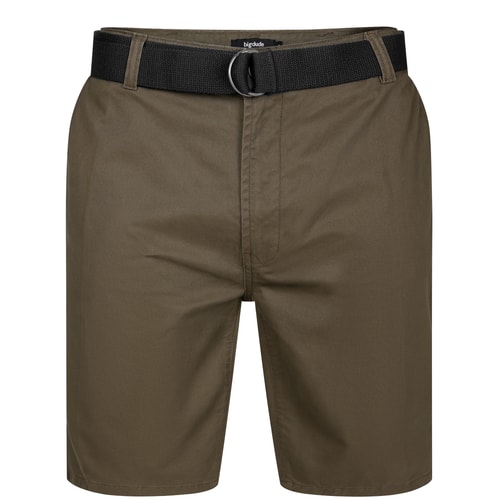 Dark olive chino shorts, front view with black D-ring belt.