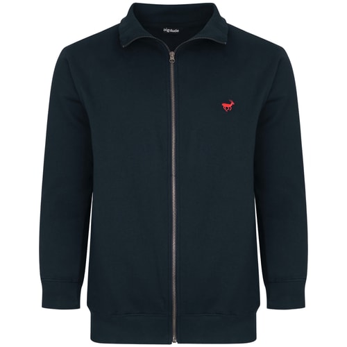 Front view of navy full zip funnel neck sweatshirt.