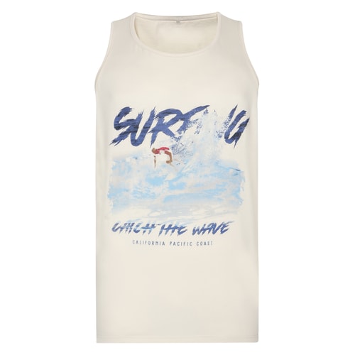 Ecru tank top with blue surfing graphic, front view.