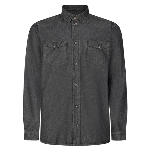 Charcoal wash denim shirt, flat front view.
