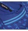 Thumbnail Close-up of striped knit collar on blue palm print polo.