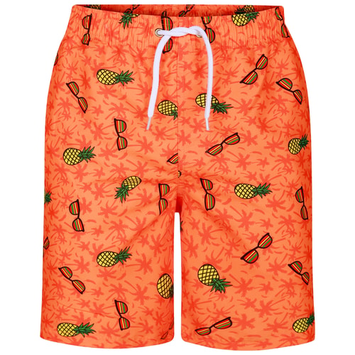 Orange pineapple swim shorts, straight front view.