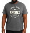 Thumbnail Model wearing charcoal space dye Bronx print T-shirt.