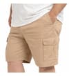 Thumbnail Model wearing sand cargo shorts, angled front view.