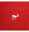 Thumbnail Close-up of white embroidered logo on red swim shorts leg.