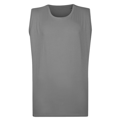 Grey sleeveless crew neck T-shirt, front view.