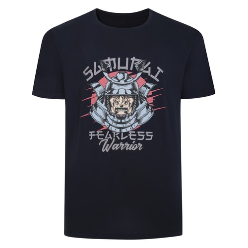 Navy T-shirt with samurai warrior front print.