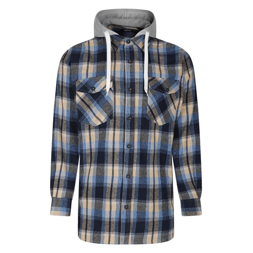 Front view of navy checked hooded flannel shirt.