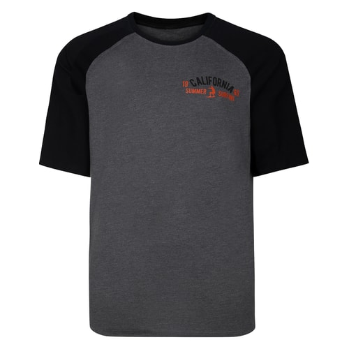 Front view of charcoal raglan T-shirt with chest print.