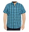 Thumbnail Model wearing turquoise and black checked short sleeve shirt.