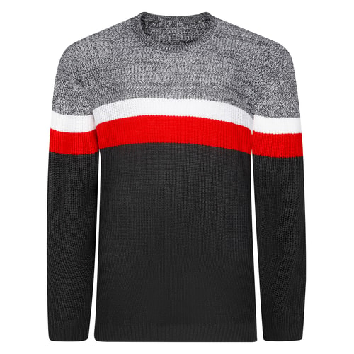 Front view of charcoal knitted sweatshirt with white and red stripe.