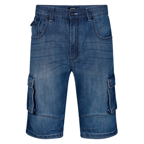 Front view of dark wash denim cargo shorts.