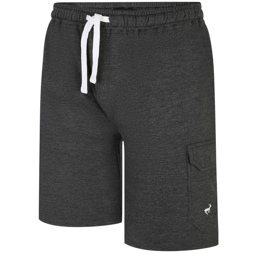 Angled front view of charcoal cargo shorts with drawstring.