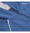 Thumbnail Angled close-up of blue hoody hood, zip and contrast trim.