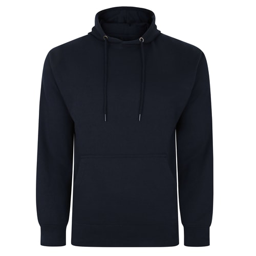 Navy pullover hoody, front view with drawstrings.