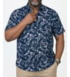 Thumbnail Deep blue tropical leaf short sleeve shirt worn, front view.