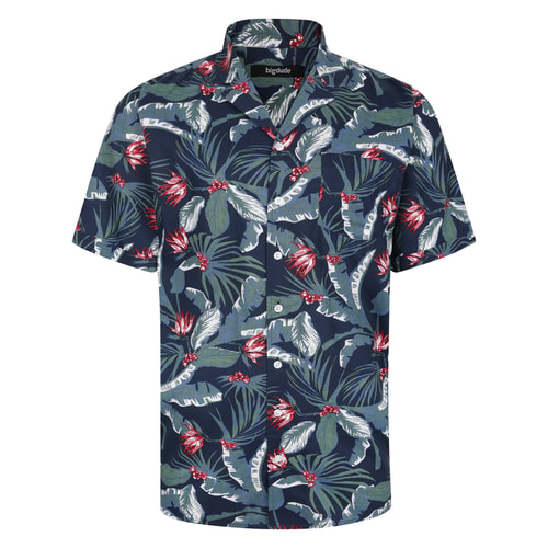 Front view of blue shirt with tropical leaf and red flower print.