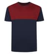 Navy and burgundy panelled crew neck T-shirt front view.