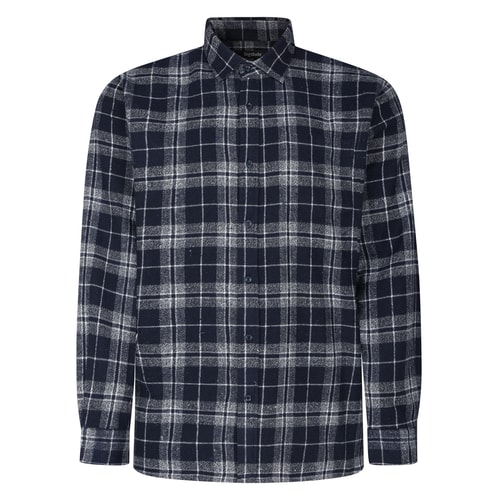 Front view of navy and white checked flannel shirt.