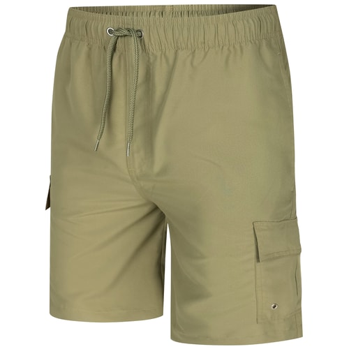 Khaki cargo swim shorts, front angled flat view.