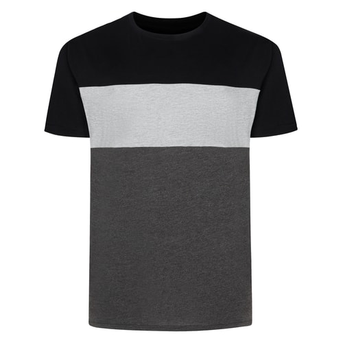 Front view of black, light grey and charcoal panel T-shirt.