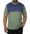 Thumbnail Model wearing sage green and navy panelled T-shirt.
