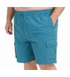 Thumbnail Petrol blue cargo swim shorts worn, angled front view.