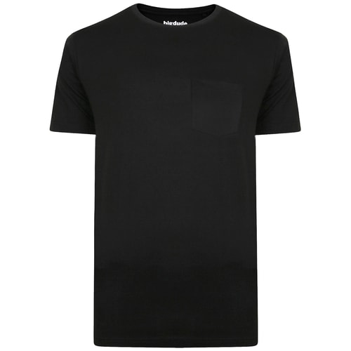Black crew neck pocket T-shirt, front view.