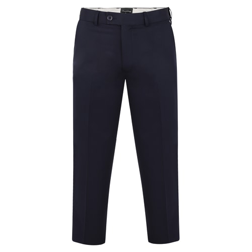 Navy adjustable waist trousers, front view.
