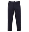 Navy adjustable waist trousers, front view.