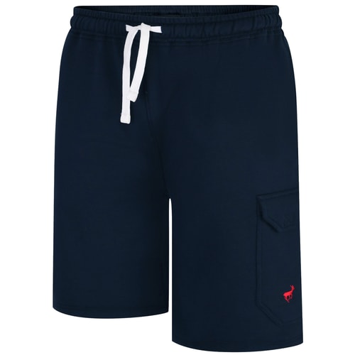 Front angled view of navy cargo shorts with cargo pocket.