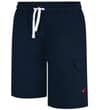 Front angled view of navy cargo shorts with cargo pocket.