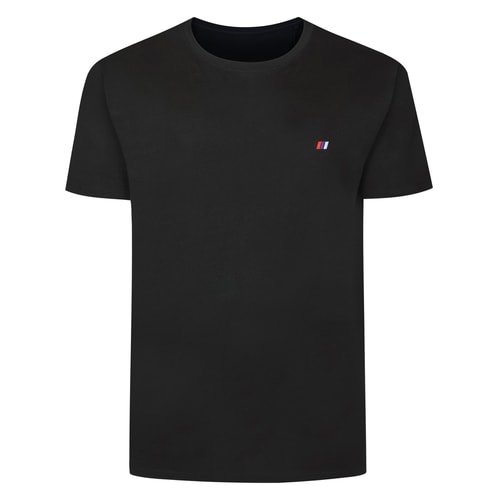Black tall T-shirt front view with small chest logo.