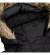 Thumbnail Close-up of black parka hood with faux fur trim.