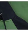 Thumbnail Close-up of navy hood and raglan shoulder on green hoody.