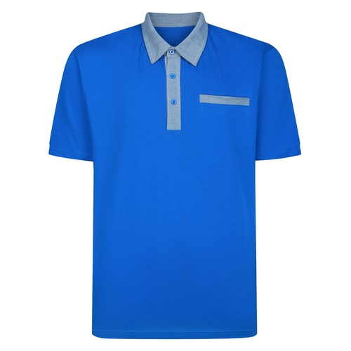 Front view of royal blue polo with contrast collar.