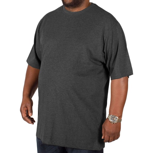 Dark charcoal crew neck T-shirt, front view on model.