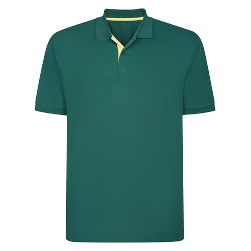 Flat front view of teal polo shirt with contrast placket.