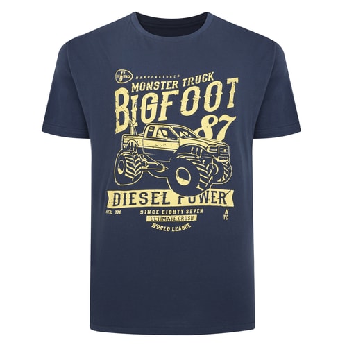 Navy T-shirt with large Bigfoot monster truck front print.