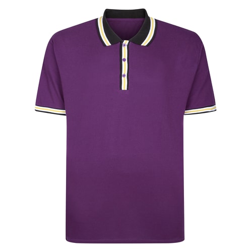 Front view of plum polo shirt with tipped collar and cuffs.