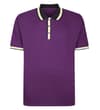 Front view of plum polo shirt with tipped collar and cuffs.