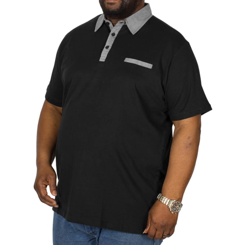 Black polo shirt with grey collar, right angled view.