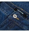 Thumbnail Blue denim jeans waistband and button close-up.