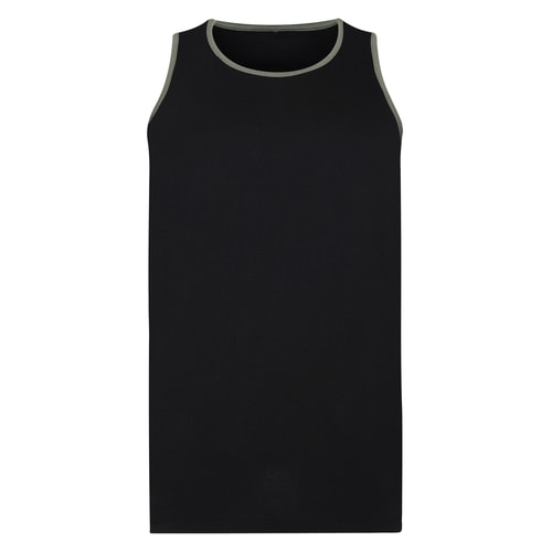 Black tank top with sage green piping, front view.