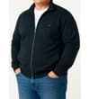 Thumbnail Navy full zip funnel neck sweatshirt worn with jeans.