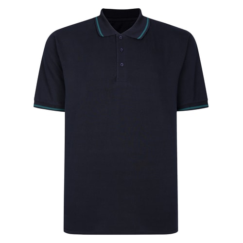 Flat front view of navy polo shirt with three-button placket.