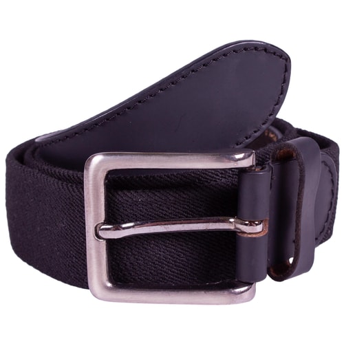 Black elasticated belt with silver buckle, angled front view.